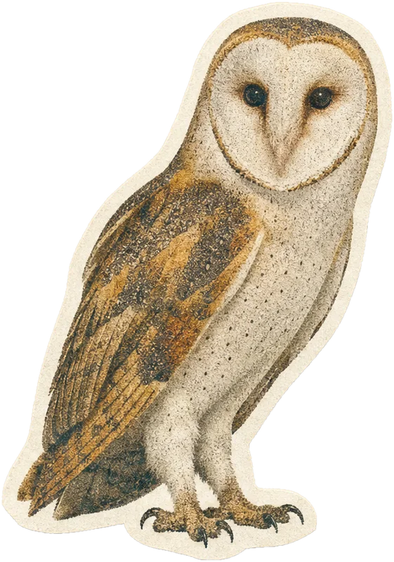 Photo cutout of a barn owl, pasted at an angle like a zine clipping